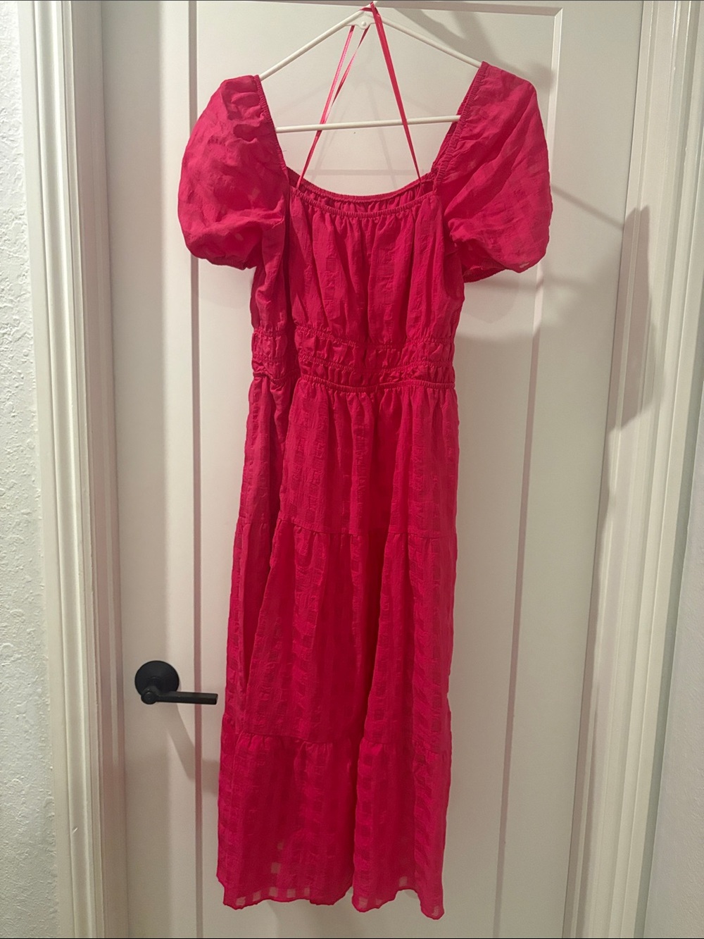 Anthropologie Hot Pink Puff-Sleeve Midi Dress
